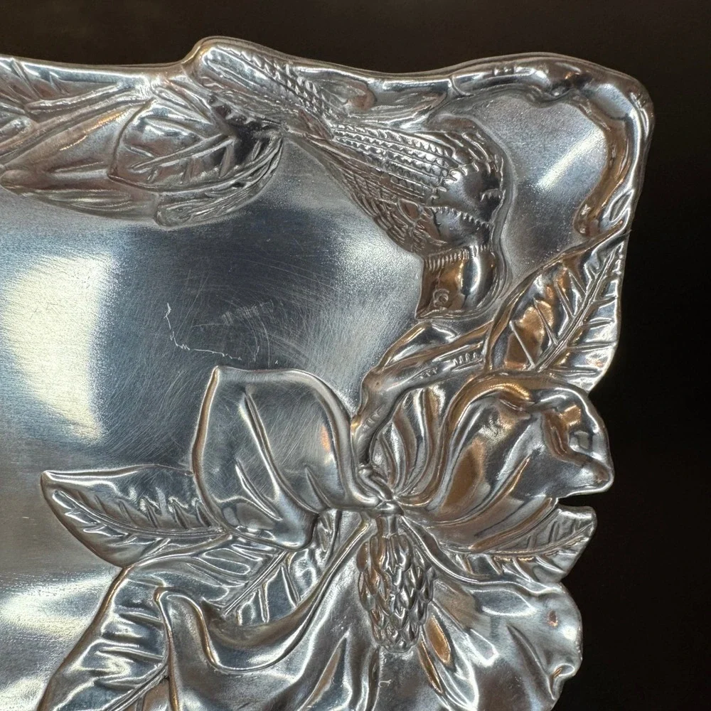 Arthur Court Magnolia Bird Butterfly Tray 9.5x5.5 Silver Aluminum Floral 2000